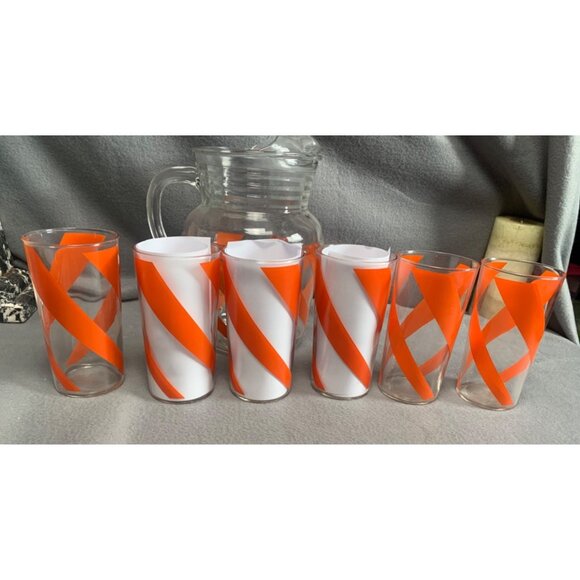 Vintage Orange Swirl 6 12oz Glasses & Pitcher Mid Century Set - Picture 4 of 13